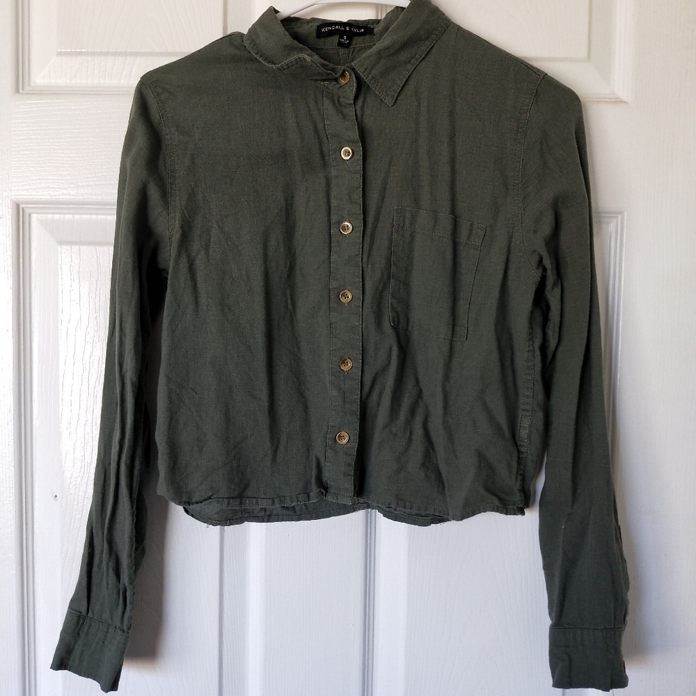 Kendall & Kylie Olive Button Down Long Sleeve